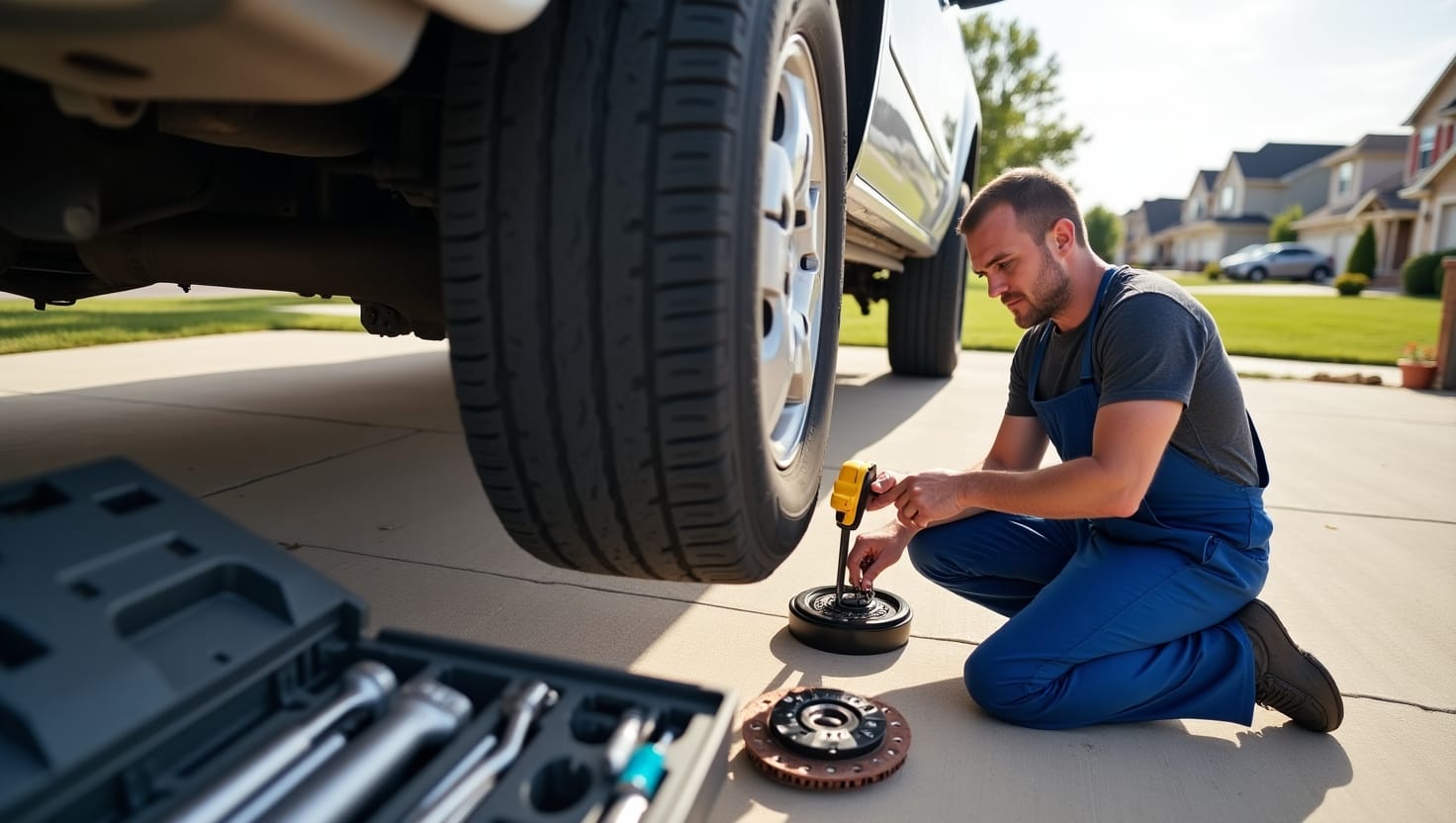 The mechanic is using tools near a lifted vehicle, with a clean workspace, toolbox, and parts laid out. It's a sunny day with suburban homes in the background.