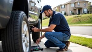 A certified mobile mechanic working on a clutch replacement in a residential driveway in Aurora, Colorado. 